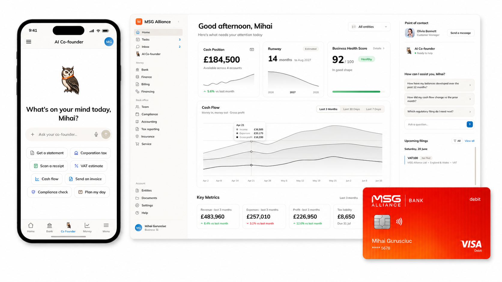 MSG Alliance dashboard, mobile app and debit card